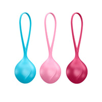 Satisfyer kegel training set: three silicone strengthening balls with loop handles, blue/pink/maroon
