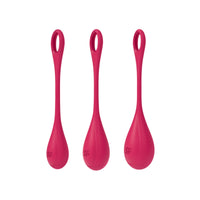 Satisfyer Kegel training balls set: 3 pink silicone weighted cones with loop handles