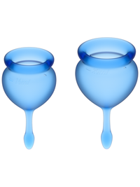 Two blue menstrual cups with tab stems