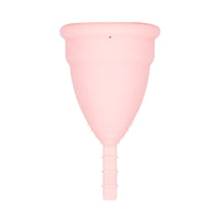 Pink translucent menstrual cup with short stem and flared rim