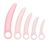 Five pink silicone dilators with oval openings, side profile set