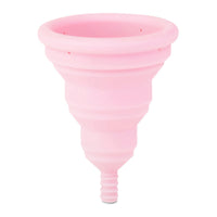 Pink menstrual cup with wide top rim and ribbed grip stem