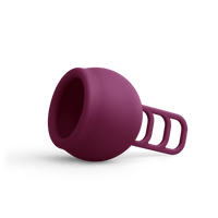 Merula menstrual cup in deep purple with stem and triple-slit grip ring